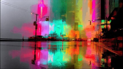 A city street at night is illuminated by vibrant neon lights, casting colorful reflections on the wet pavement.