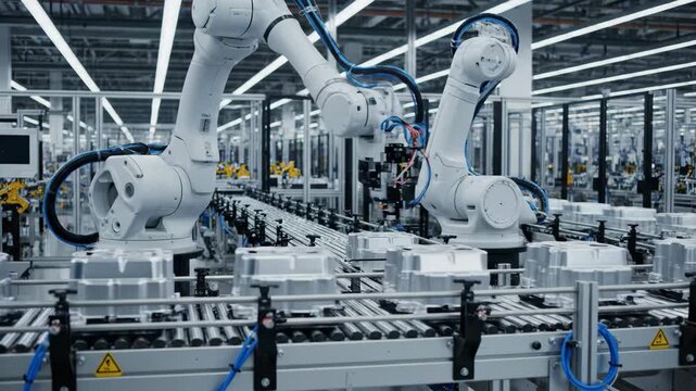 Advanced robotic arm precision welding in modern industrial factory with automated assembly line