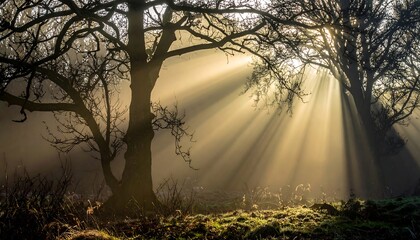 Golden sunbeams pierce through the misty forest canopy creating a magical ethereal light show illuminating the woodland floor