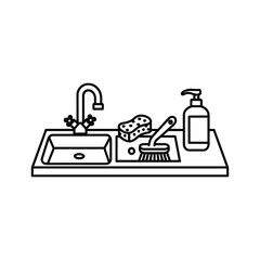 Kitchen sink icon with faucet, sponge, brush, and soap, line art, isolated on