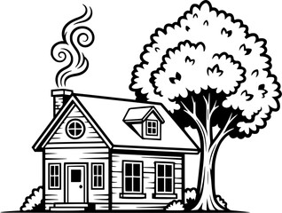 A monochrome illustration of a house with a tree and smoke coming from the chimney on a white background
