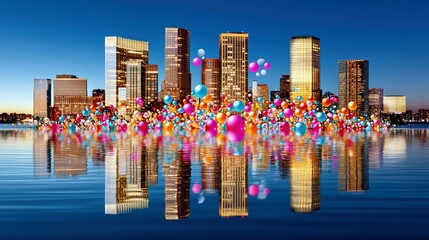 A modern city skyline at dusk, illuminated by building lights and adorned with a multitude of colorful balloons, their reflections shimmering on the water.