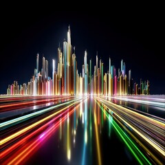 A futuristic cityscape with tall, slender buildings illuminated by colorful light streaks and their reflections.