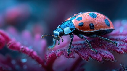 Ladybug resting in neon macro environment glowing softly, radiant insect detail and luminous botanical textures captured in surreal fantasy close-up