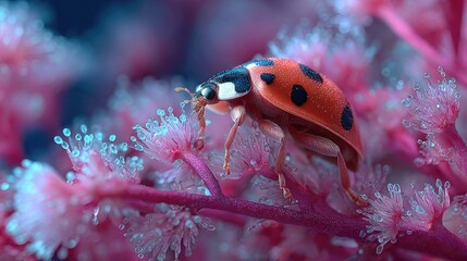 Ladybug resting in neon macro environment glowing softly, radiant insect detail and luminous botanical textures captured in surreal fantasy close-up