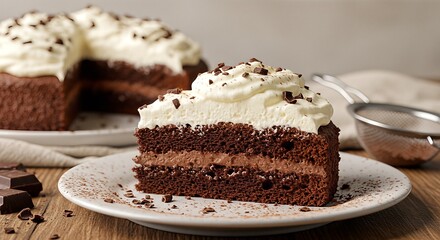A slice of rich chocolate cake with creamy frosting and chocolate shavings on a plate.