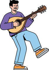 Cartoon character playing guitar, joyful musician dancing, vibrant vector art for music, entertainment, performance, lifestyle, and creative stock illustration themes