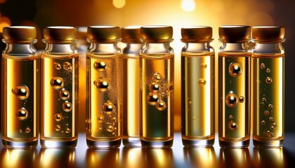 dramatic vials of golden liquid with bubbles create a modern science vibe perfect for pharmaceutical ads or biotech marketing materials with cutting edge appeal