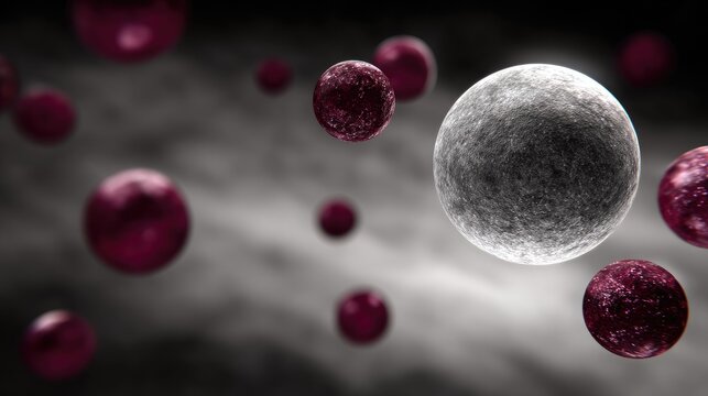 Many textured spheres float in a dark, cloudy space.