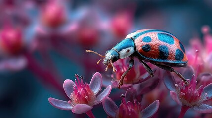 Ladybug resting among neon flower cluster glowing softly, radiant insect detail and surreal luminous botanical textures captured in macro nature shot