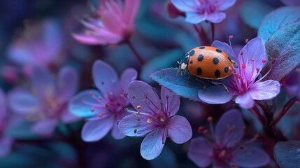 Ladybug resting among neon flower cluster glowing softly, radiant insect detail and surreal luminous botanical textures captured in macro nature shot