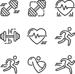 Fitness and health icons depicting exercise muscles heart rate and active lifestyles