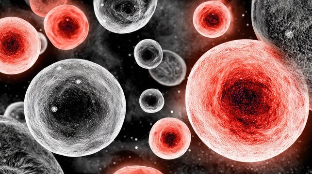 Microscopic view of vibrant red and gray cells on dark background. - Powered by Adobe