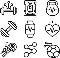 Collection of linear fitness sports and health related icons in a simple style