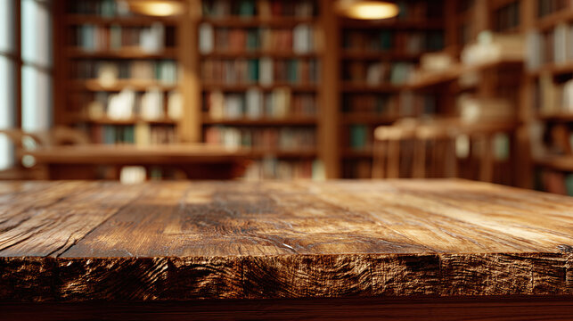 An empty wooden table in a classic library setting with a warm, inviting atmosphere. The table is made of dark wood, with the library and books blurred in the background