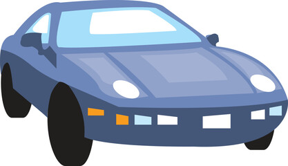 A stylized illustration depicts a sleek dark blue sports car with a low profile