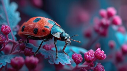 Ladybug resting among neon flower cluster glowing softly, radiant insect detail and surreal luminous botanical textures captured in macro nature shot