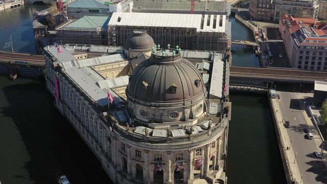 Aerial view of the Bode Museum, standing proudly on the tip of Museum Island surrounded by the Spree river, Berlin, Berlin, Germany.