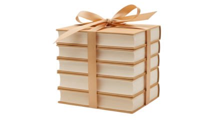 Stack of six hardcover books tied with a light brown ribbon bow isolated on a transparent background
