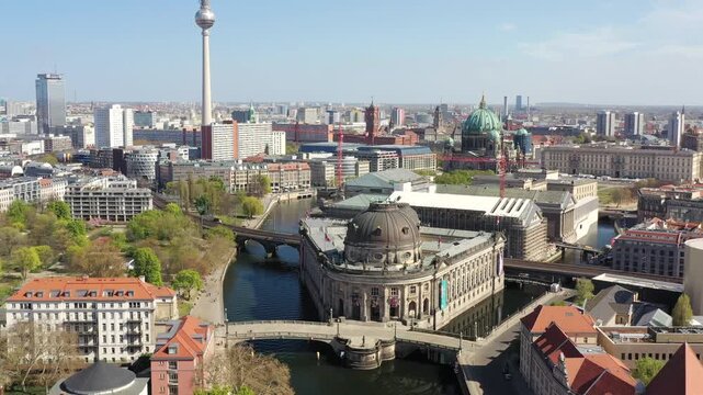 Aerial view of the Bode Museum and Berliner Dom, with their impressive architecture standing out against the flowing river, Berlin, Berlin, Germany.