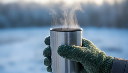 Gloved hand holding a steaming thermos cup in a snowy environment  