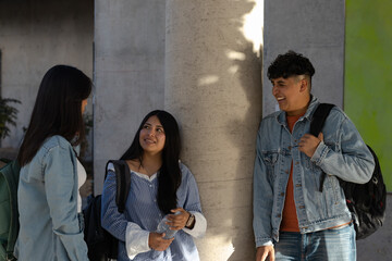 Young university students are casually talking and laughing on campus, standing by a pillar...
