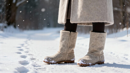 Woman wearing felt boots standing in the snowy landscape  