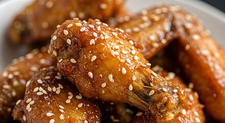 A close-up of delicious sticky glazed chicken wings sprinkled with sesame seeds.