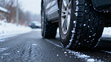 Winter vehicle tires on snowy road during cold weather  