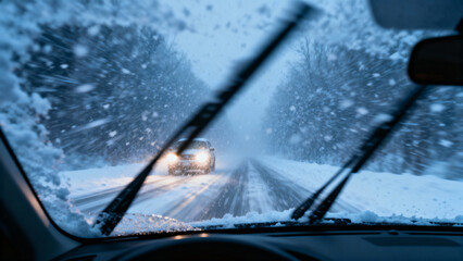 Car view through windshield during blizzard with snowy road ahead  