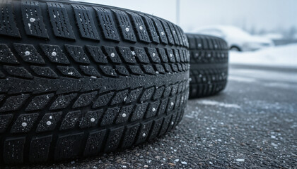Winter tires on asphalt in snowy environment during cold season  