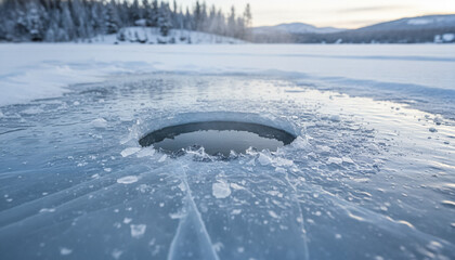 Ice fishing hole on a frozen lake surrounded by trees in winter  