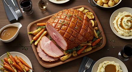 A festive holiday dinner spread featuring a glazed baked ham with roasted vegetables, mashed potatoes, and gravy.