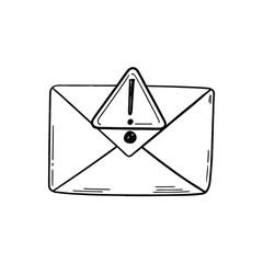 Hand drawn illustration of an envelope with an exclamation mark warning symbol isolated on white background