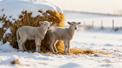Two lambs playing near snowy haystack in winter landscape  