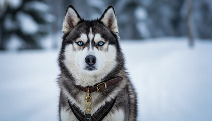 Siberian husky standing in snow with harness and focused expression  