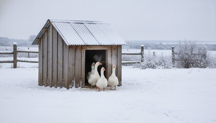 Geese standing outside wooden shelter in snowy winter landscape  