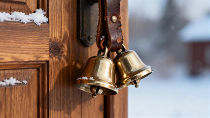 Sleigh bells hanging on wooden door with snow in winter background  