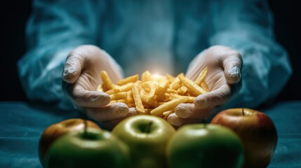 A person in gloves holds a pile of French fries, surrounded by fresh green apples, highlighting the contrast of choices.