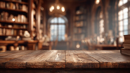 An old wooden table with a vintage library backdrop. The scene evokes a sense of nostalgia and knowledge
