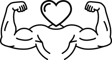 Strong love a line drawing of muscular arms embracing a heart shape
