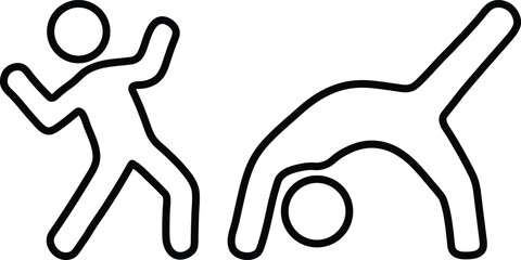 Simple black and white line drawing of a person and a dog in motion