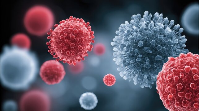 Microscopic view of pathogenic cells and healthy cells in the bloodstream.