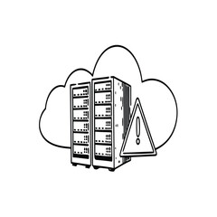 Cloud computing servers with warning sign isolated on white background