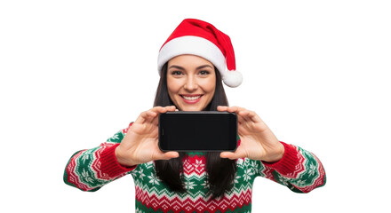Woman in christmas sweater and santa hat holding a smartphone, isolated on transparent background