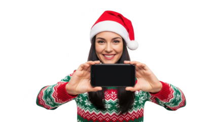 Woman in christmas sweater and santa hat holding a smartphone, isolated on transparent background