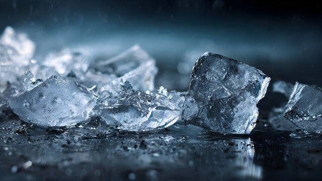 Sparkling Ice Fragments on a Wet, Reflective Surface - Powered by Adobe