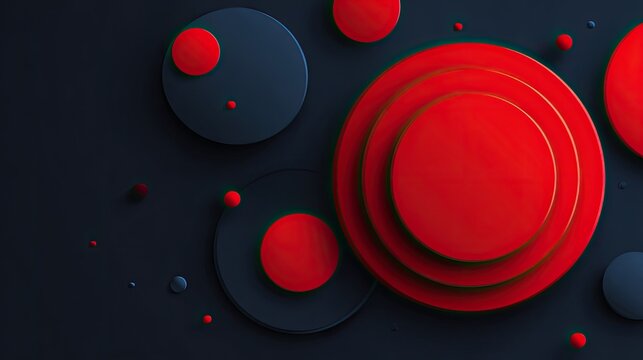 Stacked red circles and spheres float against a dark background.