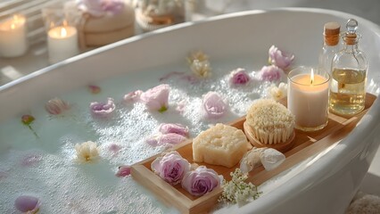 Luxurious bubble bath with rose petals and spa essentials for ultimate relaxation