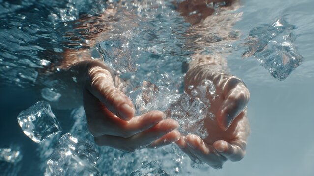 Submerged hands gently cradling sparkling ice cubes in crystal clear, refreshing water, creating a cool, effervescent sensation